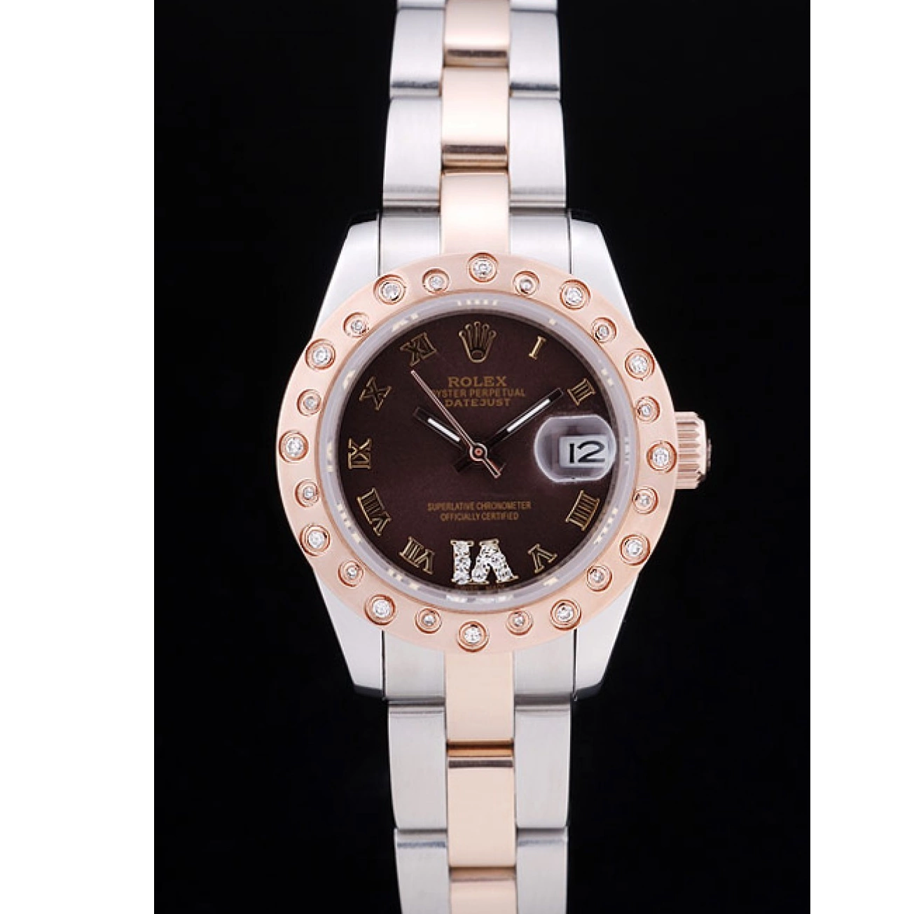 Aaa replica watch Gold Polished Brown Rose Diamonds Dial Rolex Bezel Datejust 7475 0707
